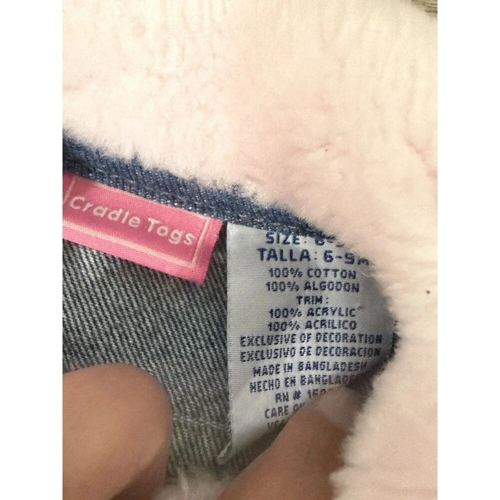 Y2K Denim Faux Pink Fur Floral Embroidered Baby Girls Jacket Size 6-9 Months